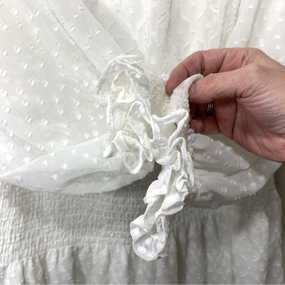 White House Black Market Smocked Blouson Dress Ivory M Sheer Romantic Feminine - Picture 9 of 16